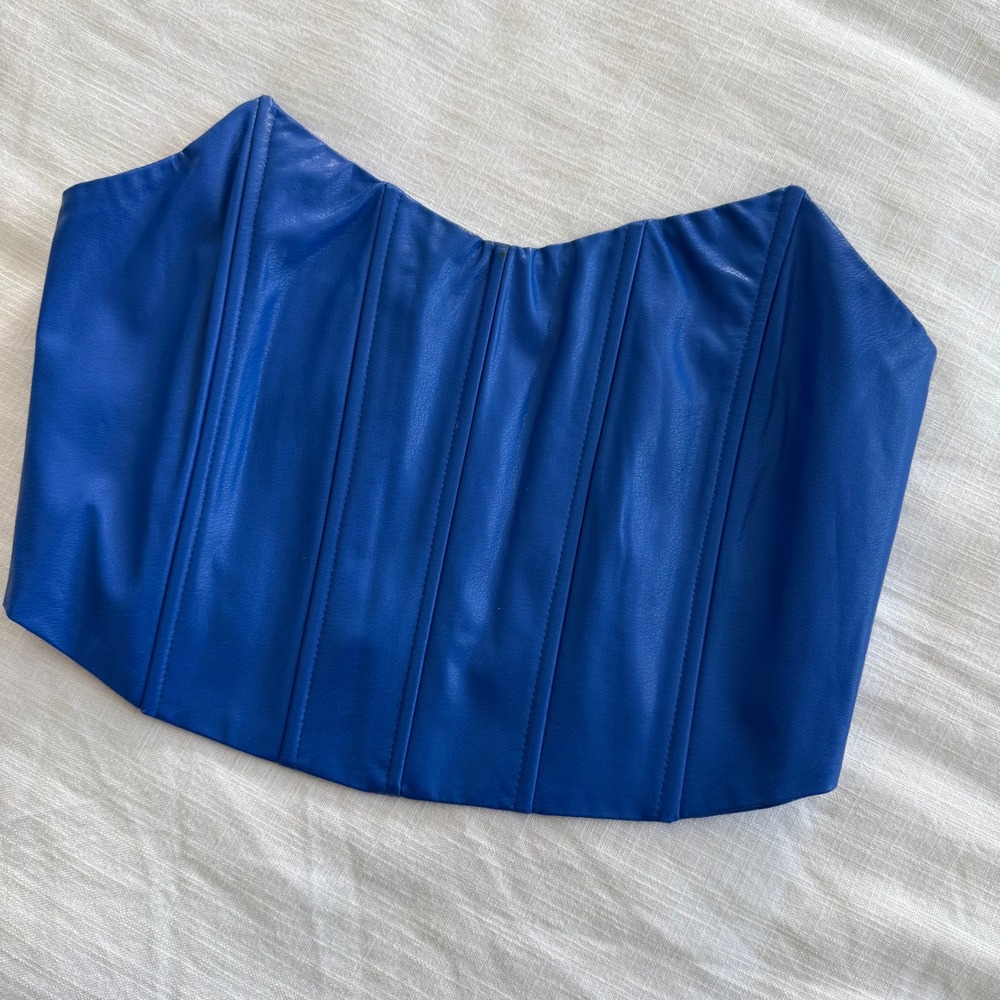 Peppermayo Blue Faux‎ Leather Corset Top Strapless Zip Back Cobalt US 8
